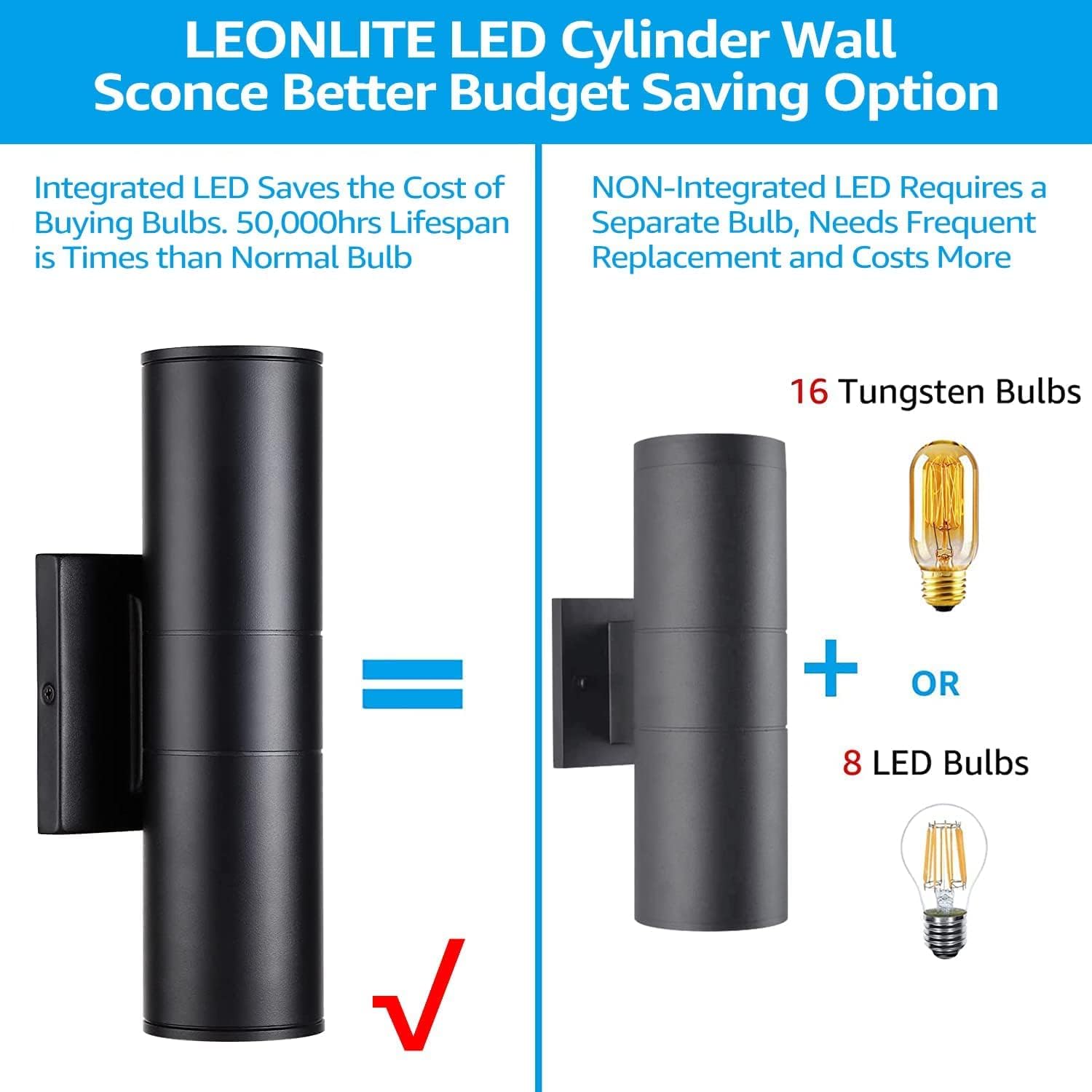 Integrated LED Cylinder Up Down Wall Light Outdoor, 100V-277V Aluminum Waterproof High-end Wall Sconce in 2 Lights, ETL-Listed 20W 1400lm, Exterior Front Door Porch Light Fixtures, Pack of 2